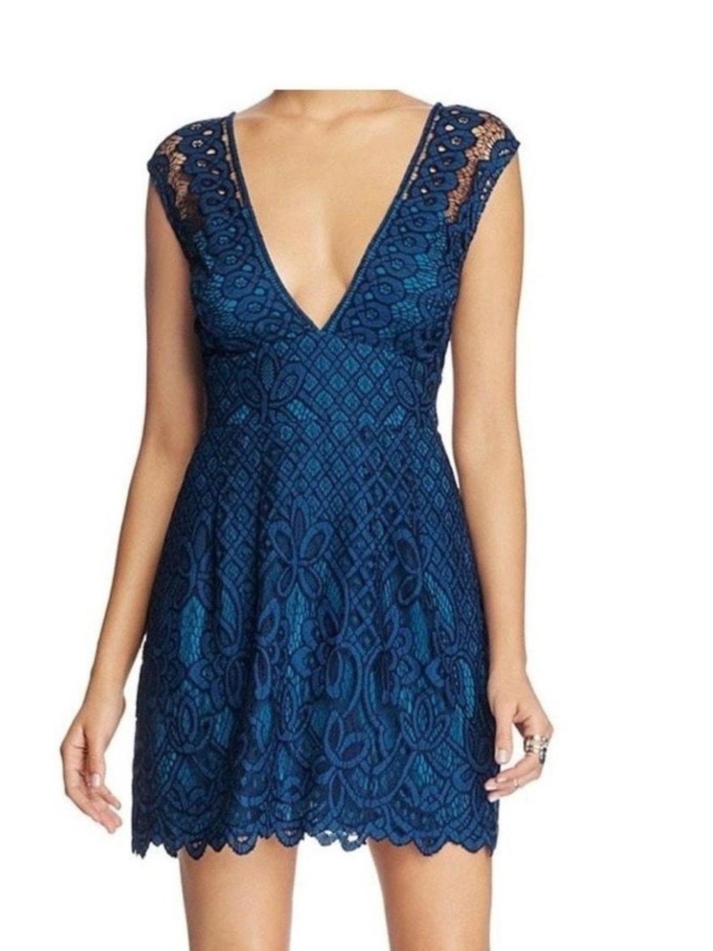 Free People One Million Lovers Teal Lace V-Neck Mini Dress Size 6